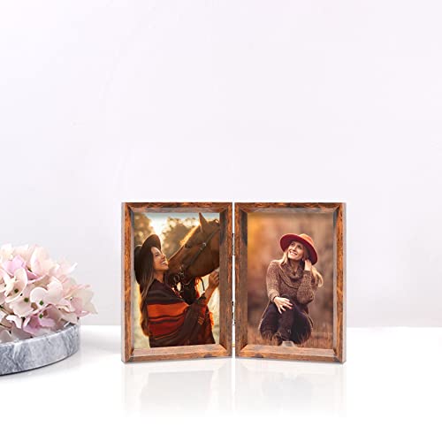 TOFOREVO Rustic Brown 5x7 Double Picture Frame Pack of 3 - Hinged Beveled Wooden Photo Frame for Desktop & Wall Display
