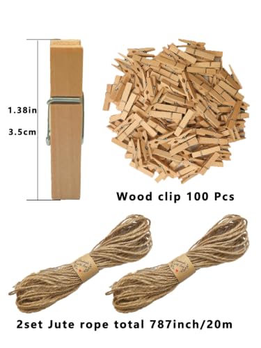 Natural Hanging Photo Display Decor 100 Wooden Clothespins with 64 Feet Jute Twine