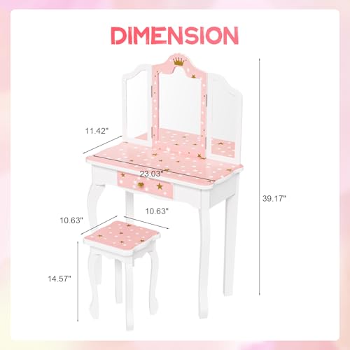 Kids Vanity Table and Chair Set with Folding Mirror and Storage Drawer
