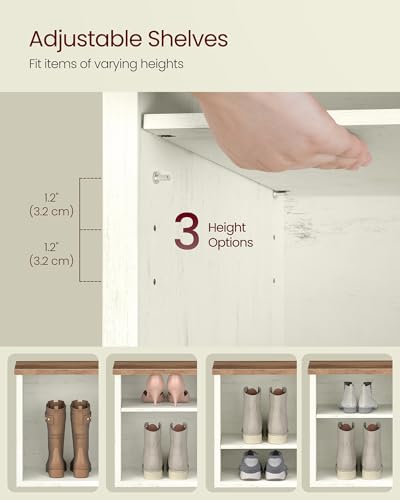 Rustic Shoe Storage Bench with 6 Adjustable Shelves, White and Honey Brown