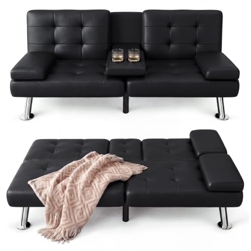 Adjustable PU Leather Futon Sofa Bed with Cup Holders and Armrests