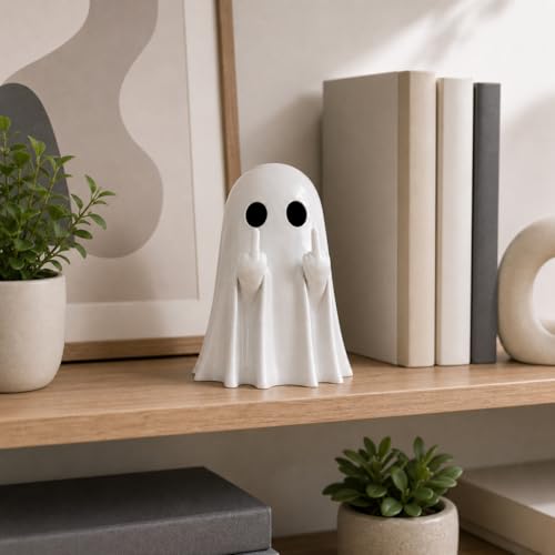 Funny Middle Finger Ghost Figurine, Sassy Resin Halloween Desk Decor
