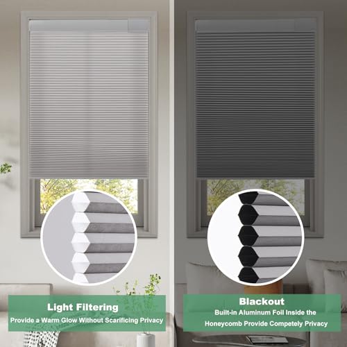 No Drill Cordless Honeycomb Shades, Thermal Insulating, Grey 22" W x 64" H