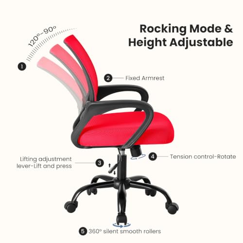 Ergonomic Mesh Office Desk Chair with Lumbar Support & Swivel - Red