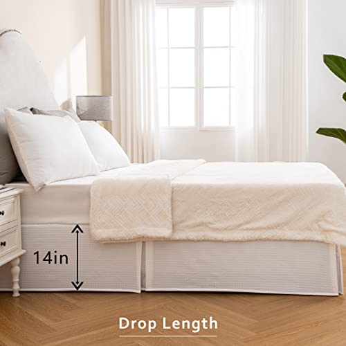 Pleated Waffle Weave Bed Skirt - 14 Inch Drop Tailored Dust Ruffle (Queen)