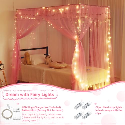 Twin Size Bed Canopy Curtains with Fairy Lights & Glow Stars - Pink