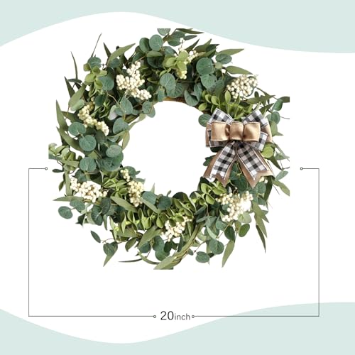 20-Inch Artificial Eucalyptus Wreath with Burlap Bow for Front Door Decor