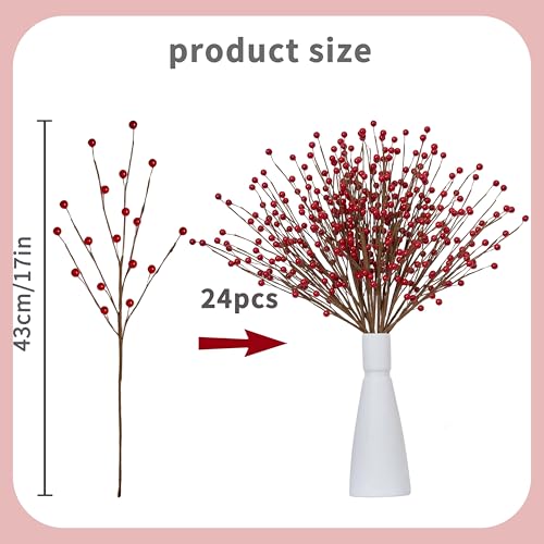 Red Berry Christmas Stems 24Pcs 17in - Holiday Centerpiece & Tree Decor by WSTPUPU (Red)