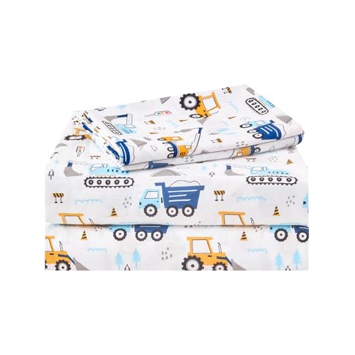 Lasoftan Boys Twin Sheet Set - 3-Piece Blue Excavator Soft Microfiber Bedding