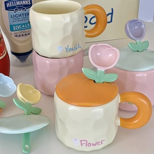 Disoza Pink Tulip 15 OZ Ceramic Coffee Mug with Lid - Floral Tea & Gift for Women
