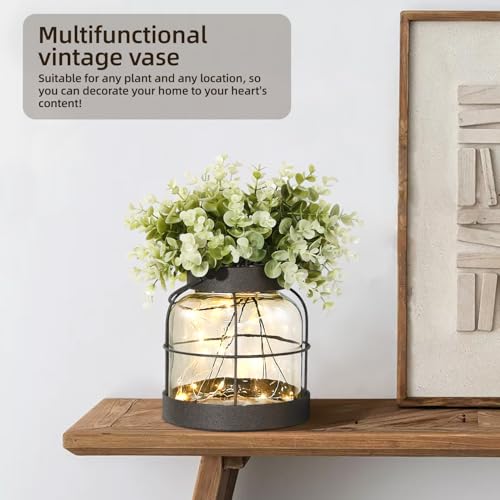 Vintage Glass Farmhouse Vase & Lantern Centerpiece with LED Lights