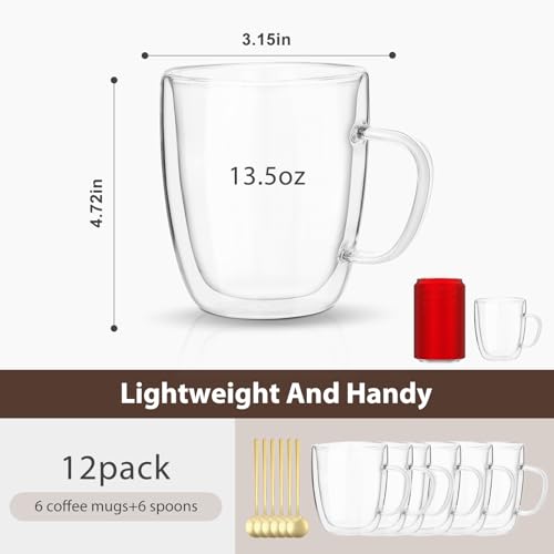 VENVENWEAVS 13.5 OZ Glass Coffee Mug Set of 6 - Double Wall Insulated Cups for Latte & Cappuccino