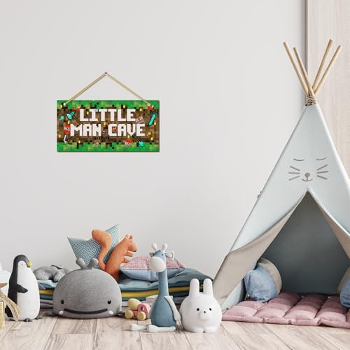 Little Man Cave Pixel Gaming Door Sign - Wooden Gamer Room Wall Decor