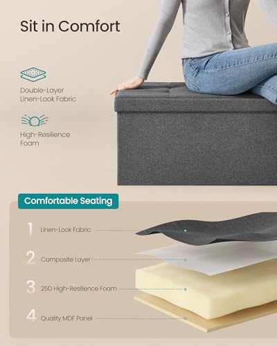 43-Inch Folding Storage Ottoman Bench - Tufted Lidded Chest, Dark Gray