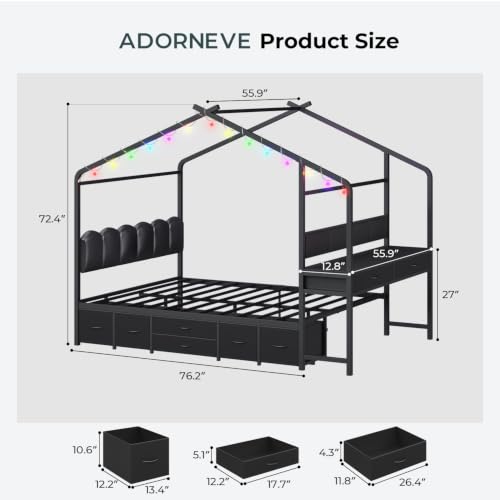 Full Size House Bed with Desk and 8 Storage Drawers, Metal Frame