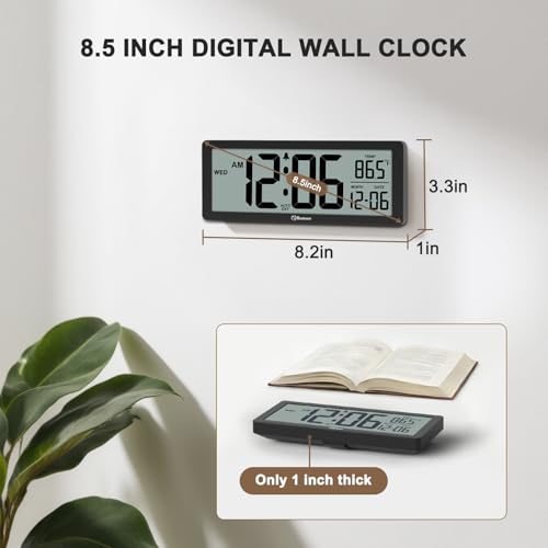 8.5-Inch Digital Wall Clock, Battery Operated with Temperature and Date