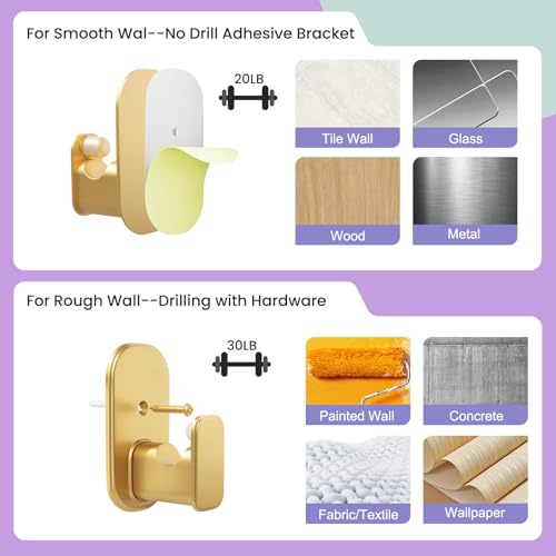 Self-Adhesive Curtain Rod Brackets - No Drill Gold Hooks for 5/8" Rods