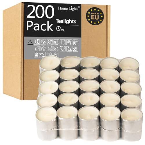HomeLights 200 Pack Tealight Candles - Unscented, 8 Hour Burn Time, Smokeless Votive for Weddings, Christmas & Home Decor