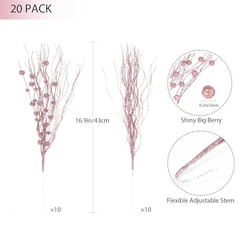20 Pcs Christmas Tree Picks and Sprays£¬Rose Gold Christmas Picks for Tree Tree Topper Christmas Decorations Clearance Ornaments Decor Flowers Artificial Tree Filler Sticks Berry Branches Stems