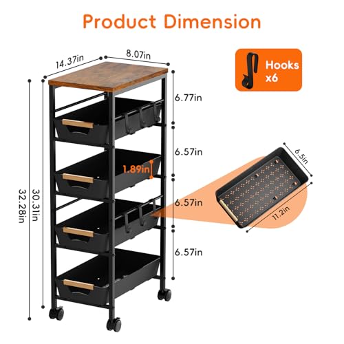 5-Tier Slim Rolling Storage Cart with Wooden Top and Pull-Out Baskets