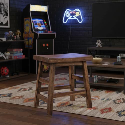 20-Inch Solid Wood Saddle Seat Stool, Rustic Industrial Dining Stool