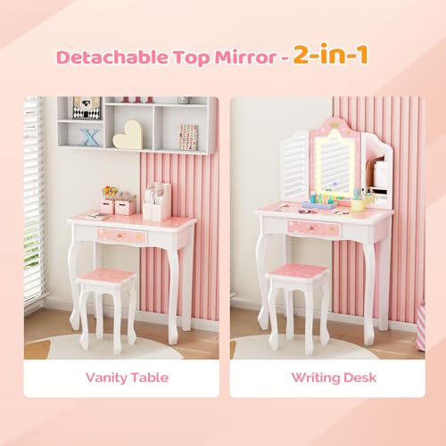Kids Vanity Set with Mirror and Chair - Pink Makeup Dressing Table