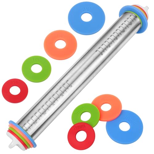 Adjustable Stainless Steel Rolling Pin with Thickness Rings for Baking - 17 Inch