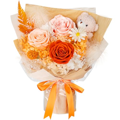 Preserved Orange Roses Bouquet with Stuffed Bear & Luxury Gift Box