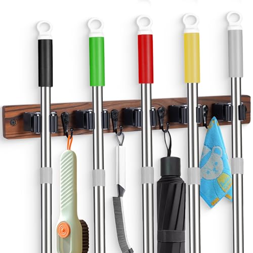 Rustic Wood Broom and Mop Holder Wall Mount with 5 Slots and 4 Hooks