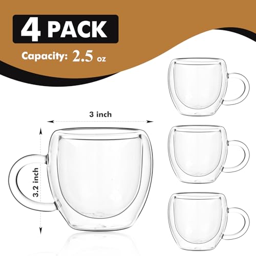Wells 4-Pack 2.5oz Double Wall Insulated Espresso Cups Set - Clear Coffee Shot Glasses