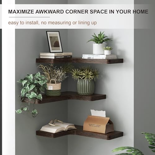 Set of 3 Rustic Floating Corner Shelves - Solid Wood Wall Mount Storage
