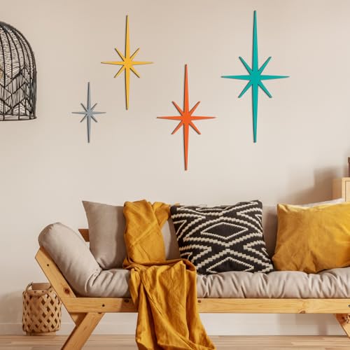 4-Piece Mid-Century Modern Starburst Wall Art, Retro Metal Atomic Stars