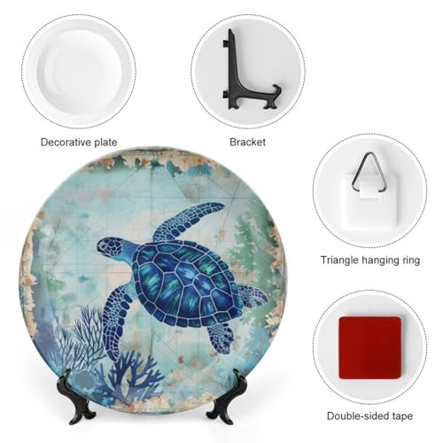 10-Inch Nautical Decorative Ceramic Plate with Display Stand, Turtle Pattern