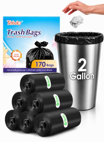 Small Black Trash Bags 2 Gallon - 170 Count Bathroom Garbage Can Liners