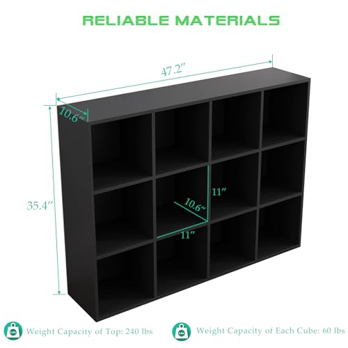 12-Cube Storage Bookcase, 3x4 Wooden Open Shelf Unit for Bins, Black