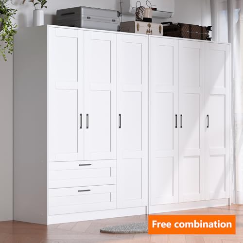 3-Door Wooden Wardrobe with 2 Drawers, White Freestanding Bedroom Closet