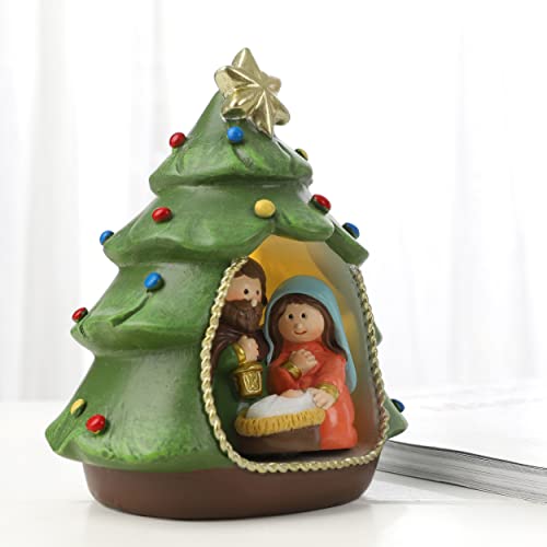 Resin Christmas Tree Nativity Scene Figurine - Holy Family Tabletop Decor