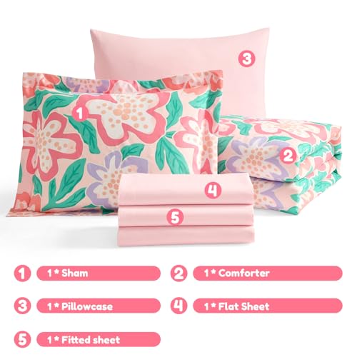 Full Size Glow in the Dark Comforter Set for Kids Floral 76x86" - 5 Piece Bedding