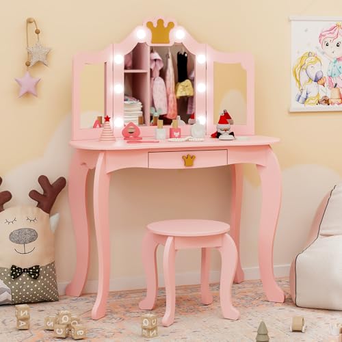 Kids Vanity Set with Mirror and Stool, Lighted Makeup Table for Girls