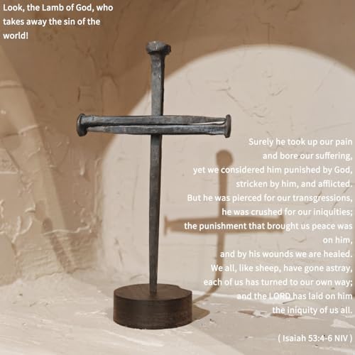 Hand-Forged Iron Crucifixion Nail Cross on Wooden Base - Religious Decor