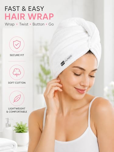 BIOLINEN White Cotton Hair Towel Wrap 3 Pack - 10x25 Inch Quick Dry Turbans