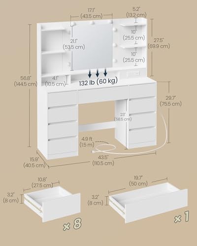 Modern Vanity Desk with Mirror, Lights, and 9 Drawers - White