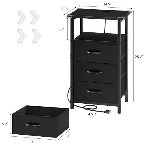 Set of 2 LED Nightstands with Charging Station, 3-Drawer Bedside Side Table