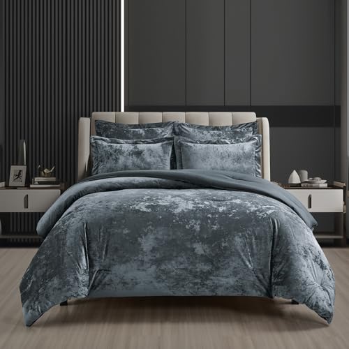 Distressed Velvet Comforter Set - 5-Piece Queen Bedding in Smoke Blue