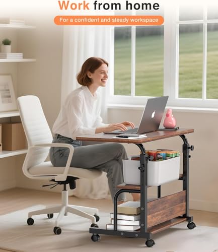 32-Inch Portable Rolling Computer Desk with Storage Shelves & Adjustable Height