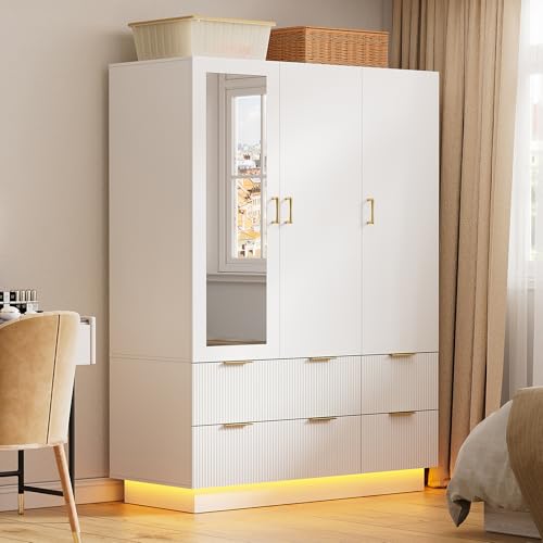 3-Door Wardrobe Closet with Mirror, Drawers, and RGB LED Lighting