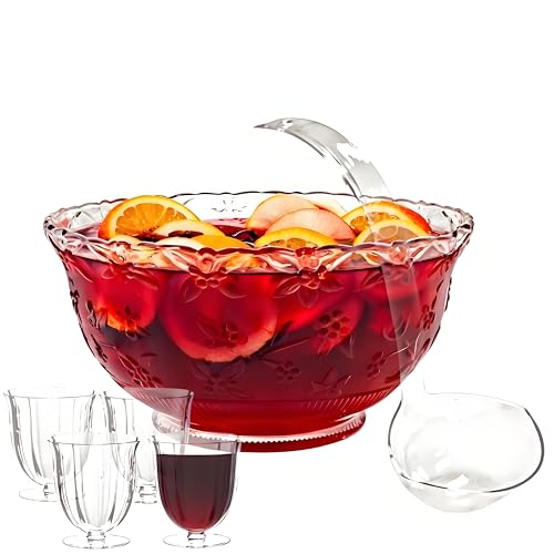 3-Gallon Embossed Plastic Punch Bowl Set with Ladle and 30 Goblet Cups