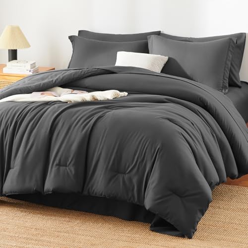 7-Piece Queen Comforter Set - Dark Grey Point-Quilted Bed in a Bag