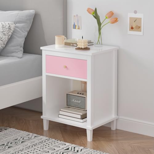Modern Kids Nightstand with Drawer and Open Shelf, Wood Bedside Table