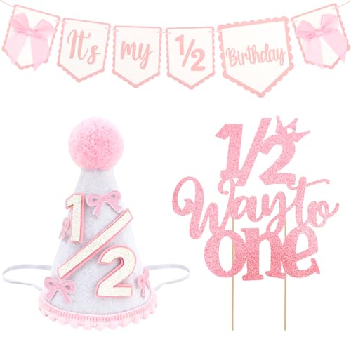 Half Birthday Decoration Set for Baby Girl - Banner, Crown & Cake Topper